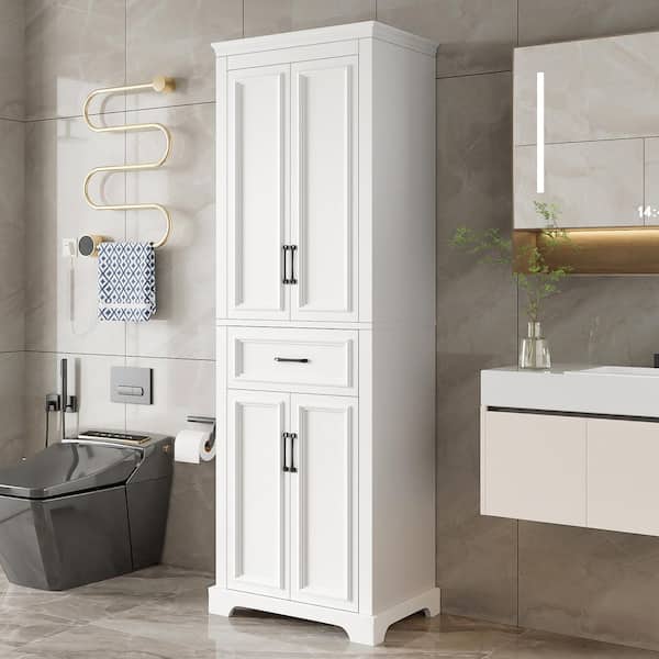 Modern 24 in. W x 16 in. D x 70.8 in. H White Freestanding Linen Tower Cabinet with Drawers and Adjustable Shelves