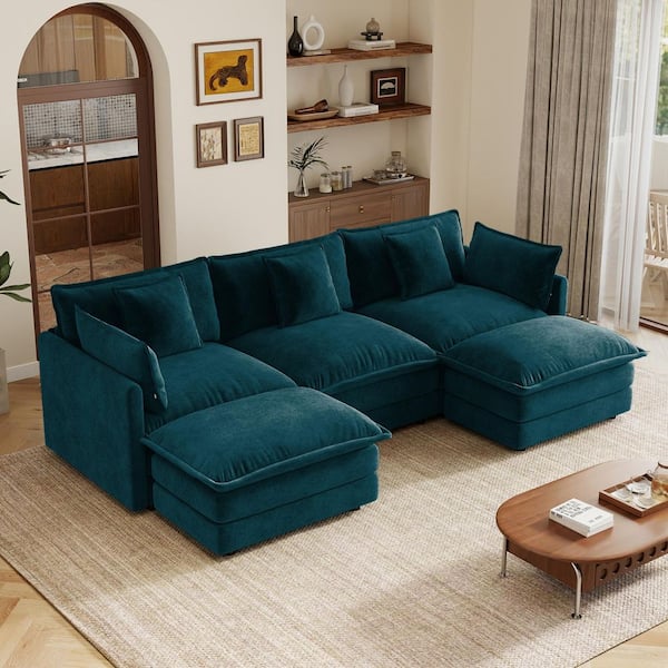Modern 103.8 in. Square Arms Chenille U-Shaped Sectional Sofa in Blue with 2 Ottomans