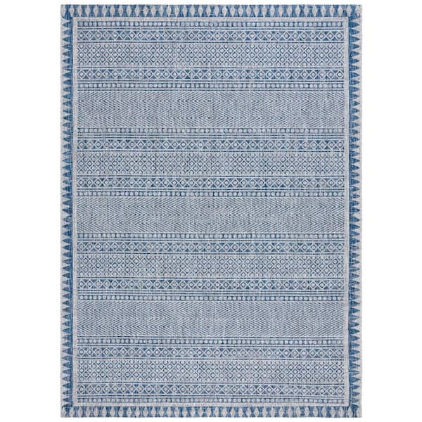 Courtyard Navy/Gray 8 ft. x 11 ft. Border Geometric Striped Indoor/Outdoor Area Rug