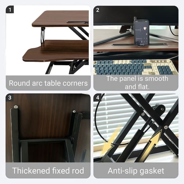 32 in. Walnut Adjustable Sit to Stand Desk Converter with Wide Keyboard Tray and Dual Monitor Workstation