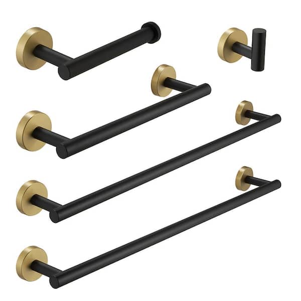 5-Pieces Black+Gold Brushed Nickel Gold Bathroom Accessories Set-Hand Towel Bar, Toilet Paper Holder, Robe Towel Hook