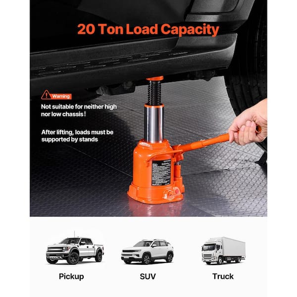 Hydraulic Bottle Jack, 20 Ton/44092 lbs. Welded Bottle Jack w/ 6.69 in.-12.6 in. Lifting Range and 3-Section Long Handle