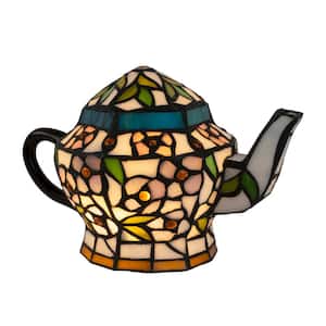 7 in. Multi-Colored Stained Glass Tiffany Style LED Teapot Lamp with Brown Metal Handle