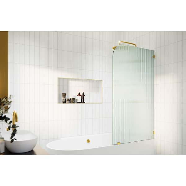 Aurora 30 in. W x 58.25 in. H Left-Hand Single Fixed Frameless Fluted Frosted Bath Panel Radius Shower Tub Door