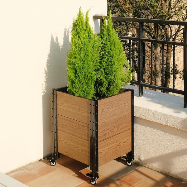EverBloom 19 in. D x 24 in. H x 17 in. W Brown and Black Composite Board and Steel Mobile Corner Planter Box Raised Garden Bed
