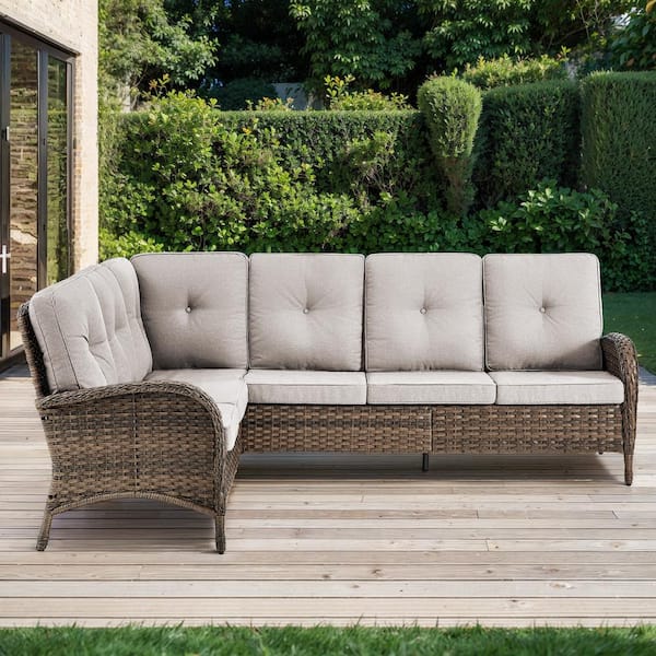 2-Piece Brown Wicker Outdoor Sectional Set with Olefin Beige Cushions and L-Shaped Sofa