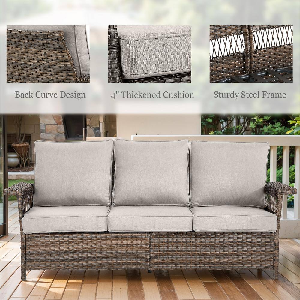 Full view of the three-seat wicker outdoor patio sofa.