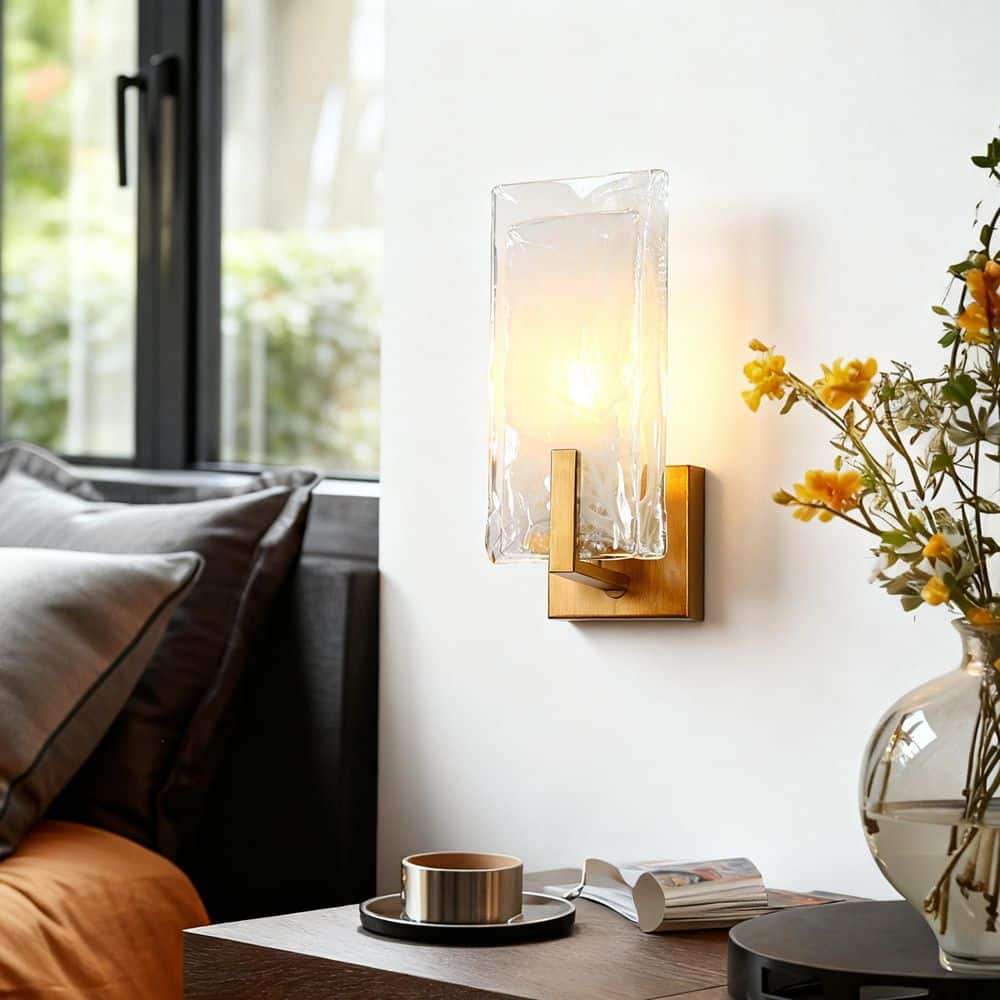 Nereithara 1-Light Vintage Brushed Gold Wall Sconce Modern Rectangle Bathroom Wall Light with Textured Glass Shades price history on PriceWatchPro