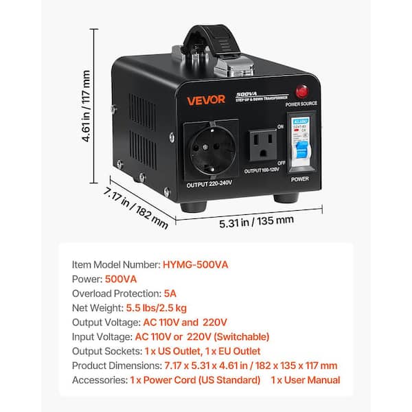 VEVOR Voltage Converter Transformer 500VA Heavy Duty Step Up/Down