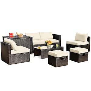 8-Piece Patio Rattan PE Wicker Conversation Set All-Weather Furniture Set with Cushions Off White