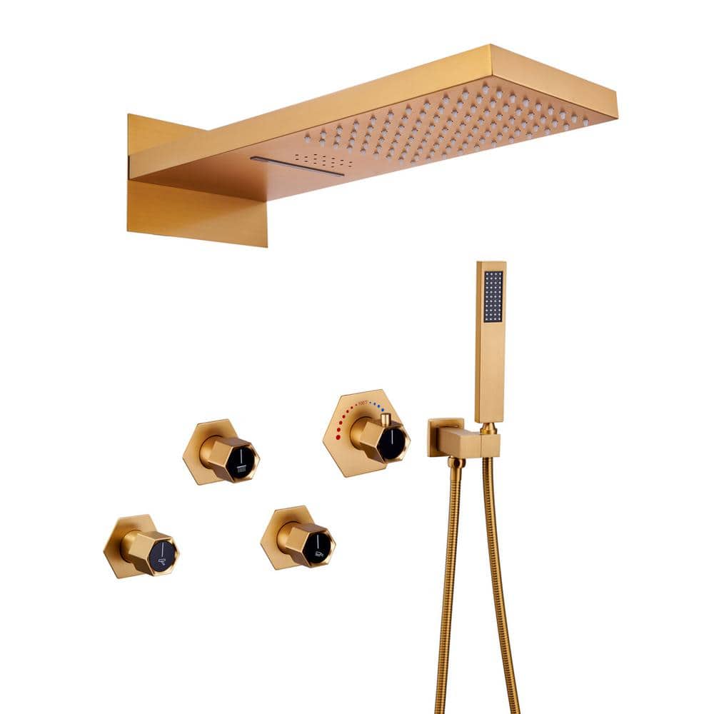 CASAINC 2-Spray 22 in. Flush-Mounted Dual Shower Heads and Handheld Shower Head with 2.5 GPM in Brushed Gold