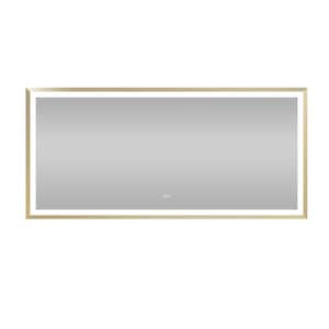 60 in. W x 28 in. H Rectangular Framed Beveled Edge Anti-Fog Dimmable Wall Bathroom Vanity Mirror in Brushed Gold