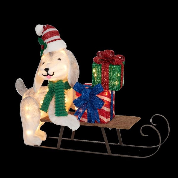 Everstar 31-1/2 in. H UL Clear Light Plush Dog and Sleigh Sculpture