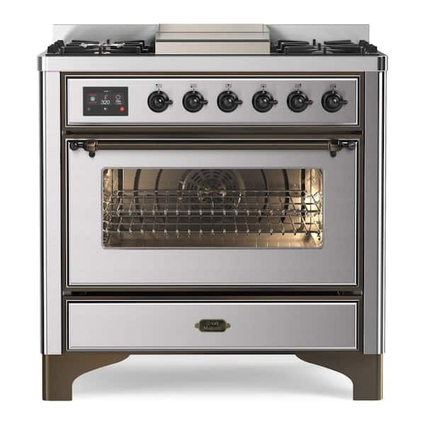 Majestic II 36 in. Double Oven Dual Fuel Range with 6 Sealed Burners, Glass Door, Burnished Trim in Stainless Steel