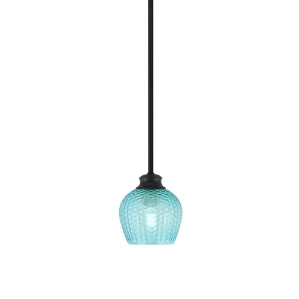 Unbranded Tyler 60-Watt 1-Light Matte Black Stem Mini Pendant Light with Turquoise Textured Glass Shade