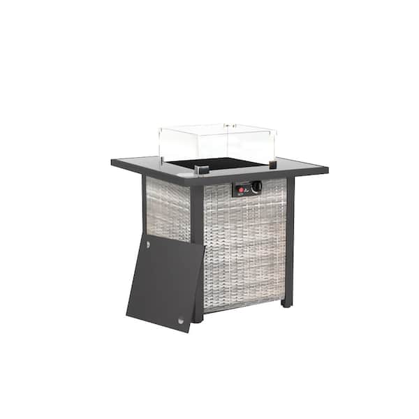 Unbranded 28 in. Gray Rattan Wicker 50,000 BTU Outdoor Propane Fire Pit Table with Glass Wind Guard and Tempered Glass Tabletop