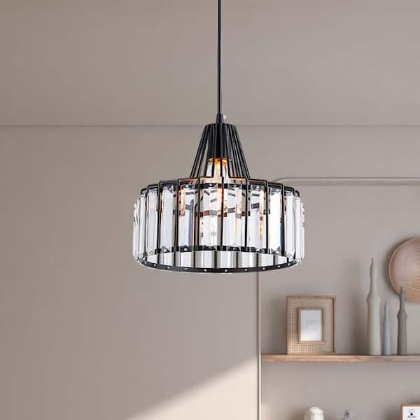 1-Light 10.6 in. Black Crystal Modern Lantern Dimmable Pendant Dining Kitchen Ceiling Lights Foyer Bedroom Lighting