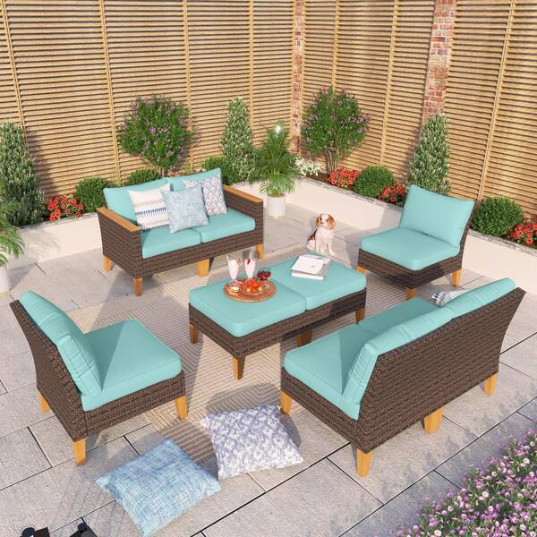 PHI VILLA Brown Rattan Wicker 8 Seat 8-Piece Steel Outdoor Patio ...