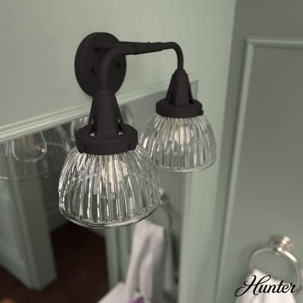 Hunter Cypress Grove 15.75 in. 2 Light Natural Iron Vanity Light with Clear Holophane Glass Shades Bathroom Light