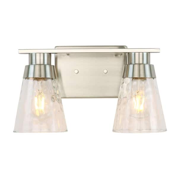 PUDO 14 in. 2-Light Silver Wall Sconce with Clear Hammered Glass Shade for Bathroom Mirror Bedroom Dressing Room