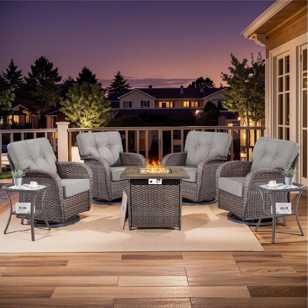 Tidalis Brown 7-Piece Wicker Outdoor Fire Pit Patio Conversation Set with 5 in. Gray Cushions and Swivel Glider Set price history on PriceWatchPro