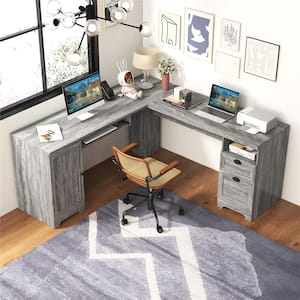 Gray Wood L-Shaped 66 in. Corner Computer Desk Writing Table Study Workstation with Drawers Storage