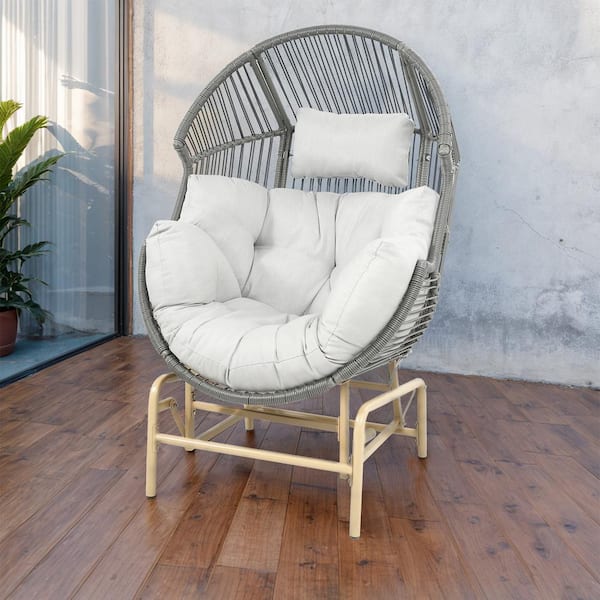 Patio Dark Gray Wicker Large Glider Egg Chair Outdoor Lounge Chair with Light Beige Cushion