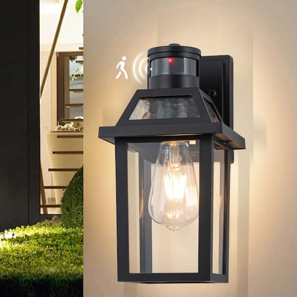 11.75 in. Matte Black Motion Sensing Dusk to Dawn Outdoor Hardwired Wall Lantern Sconce with No Bulbs Included