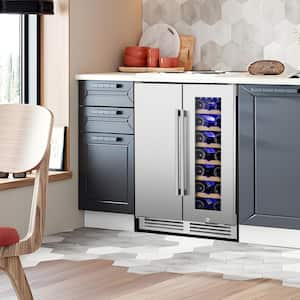 24 in. Dual Zone 18 Wine Bottles and 57 Cans Beverage & Wine Cooler in Silver Built in and Freestanding Blue LEDs