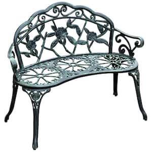 40 in. Cast Aluminum Outdoor Bench with Floral Rose Accent and Antique Finish, Green