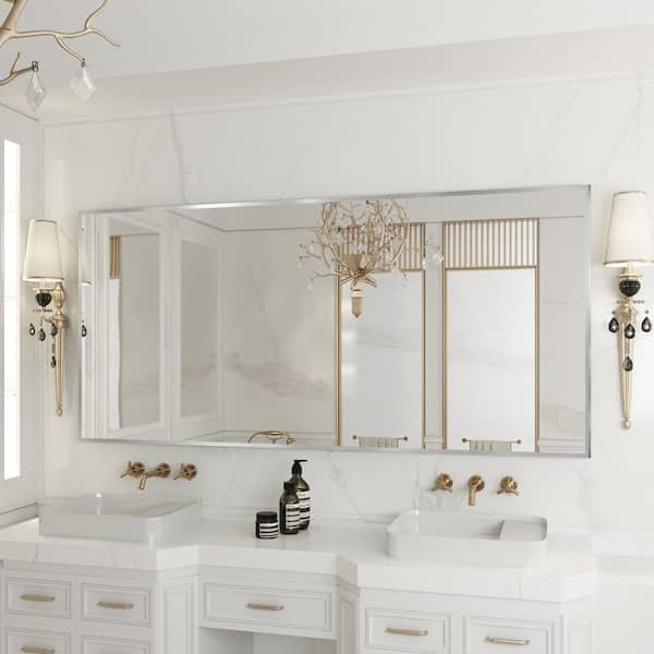 60 in. W x 28 in. H Aluminum Framed Rectangular Vanity Wall Mounted Mirror in Brushed Nichel