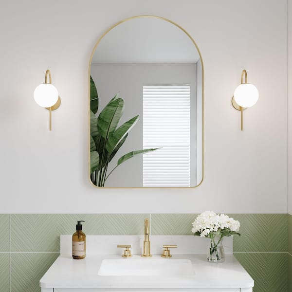 FORCLOVER 24 in. W x 36 in. H Arch Framed Wall Mount Bathroom Vanity Mirror in Brushed Gold
