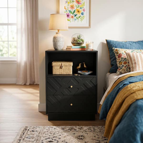 Modern 23.6 in. Black Rectangular Wood End Side Table with 2 Drawers, Open Shelf and Geometric Pattern for Living Room