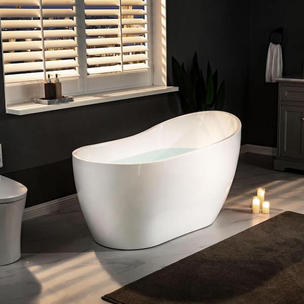 Lannion 54 in. Acrylic Freestanding Single Slipper Flat Bottom Soaking Bathtub with Drain and Overflow Included in White