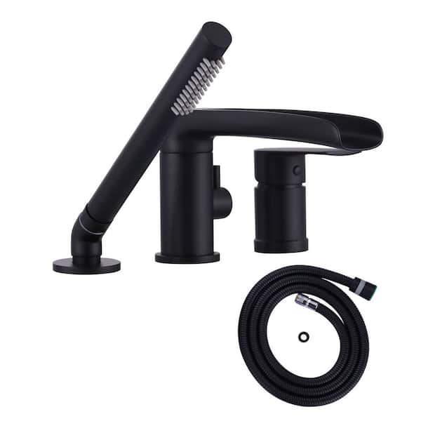 Brass Single-Handle Roman Tub Faucet, Waterfall Deck Mounted Bathtub Faucet with Hand Shower in. Matte Black