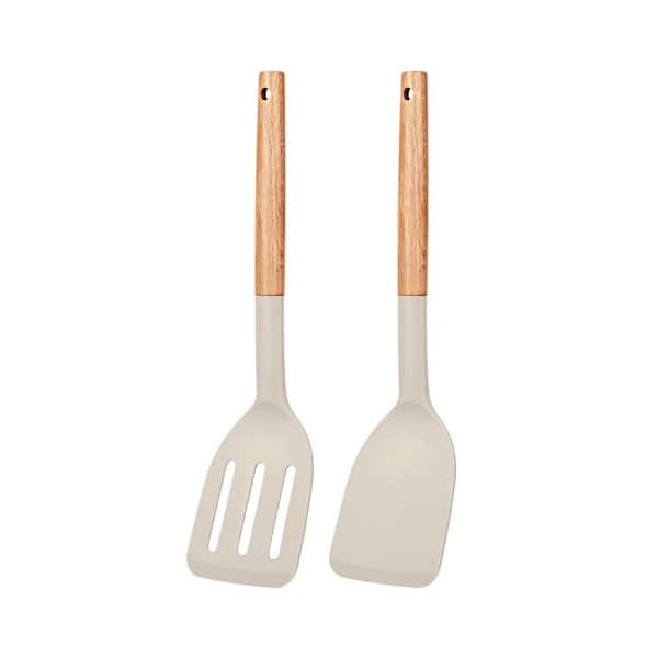Wood Finish Silicone Cooking Spatula Set of 2 Heat Resistant Non Stick Solid Slotted Turner Wood Handle Kitchen Utensil
