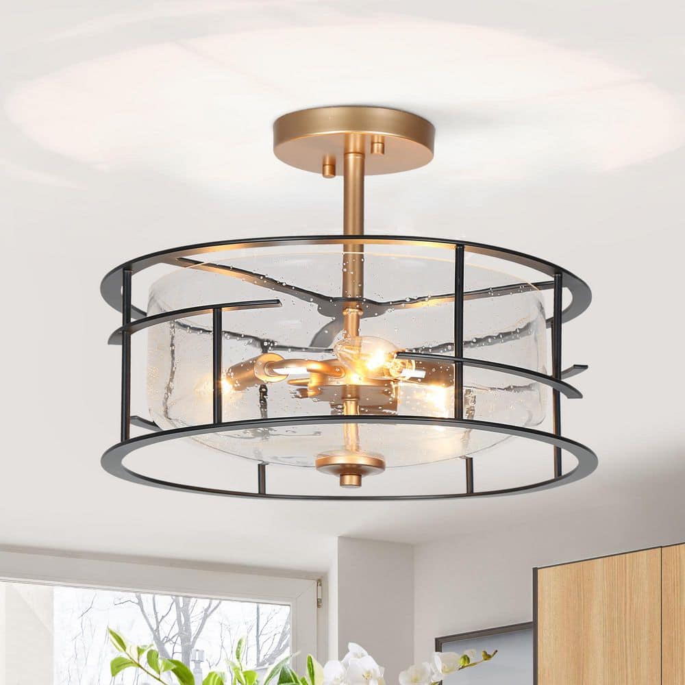 Zevni Modern 3-Light Dark Gold Semi-Flush Mount Light with Bowl