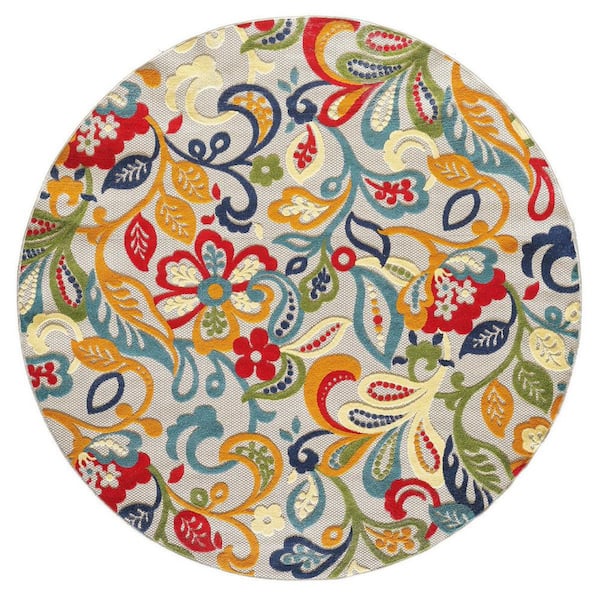 8' Round Blue And Ivory Round Floral Stain Resistant Indoor Outdoor Area Rug 8' Round Blue And Ivory Round Floral Stain Resistant Indoor Outdoor Area Rug