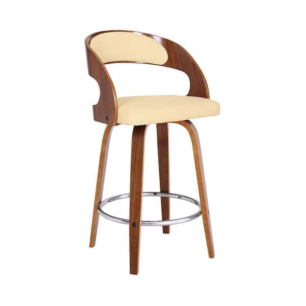 Armen Living Shelly Contemporary 26" Counter Height Swivel Bar Stool in Walnut Wood Finish and Cream Faux Leather