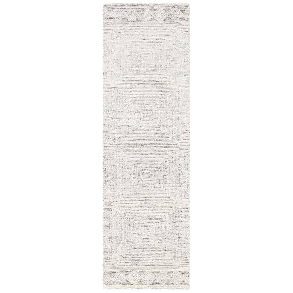 Ivory and Grey Wool Hand Tufted Abstract Runner Rug