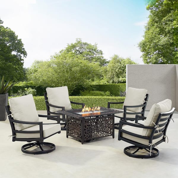 Oakland Living Black 6-Piece Aluminum Patio Fire Pit with 4-Club Chairs Light Grey Cushions