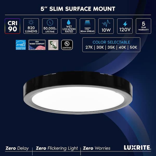 Black Outdoor Integrated LED 5 In. Flush Mount Ceiling Light, 5CCT, 820LM, 110° Beam, 10W, Dimmable, UL Listed 4 Pack
