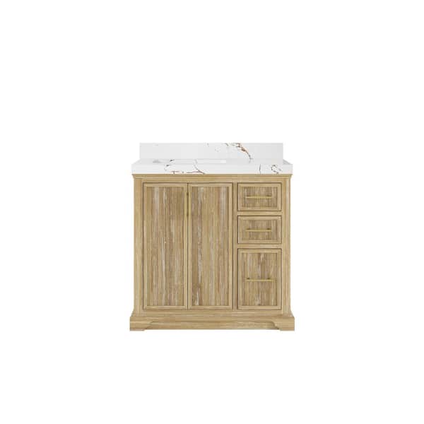 Willow Collections Alys Teak 36 in. W x 22 in. D x 36 in. H Left Sink Bath Vanity in Whitewashed with 2 in. Viola Brown qt. Top