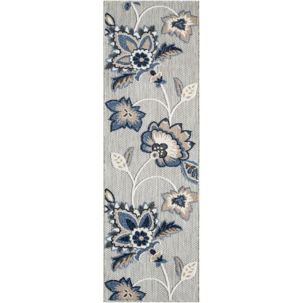 Aloha Blue Grey 2 ft. x 6 ft. Botanical Contemporary Indoor/Outdoor Runner Area Rug