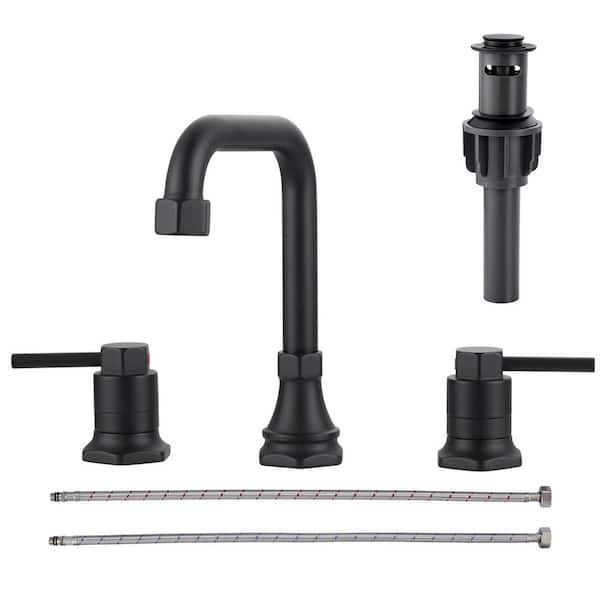 AVITAS Double Handle 8 in. Widespread Bathroom Faucet, 3 Hole Bathroom Sink Faucet with Pop-Up Drain Kit in Matte Black