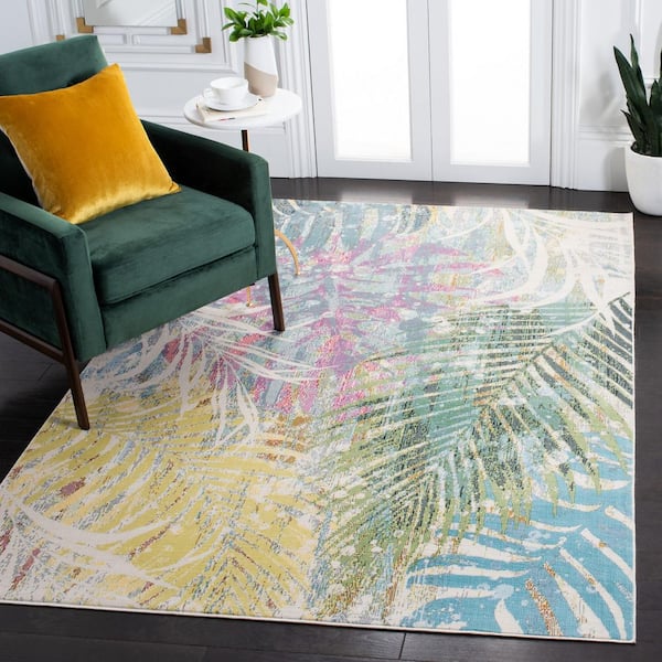 Lillian 9 ft. x 12 ft. Green/Blue Distressed Oversized Leaves Area Rug