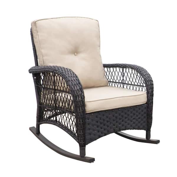 ITOPFOX 1-Piece PE Wicker Brown Rattan Outdoor Rocking Chair with Beige Cushions for Patio, Porch, Balcony, Lawn & Backyard