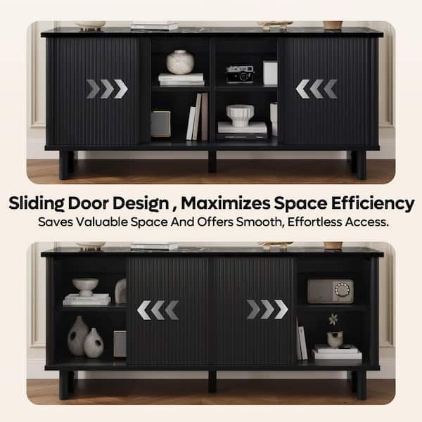 58 in. Modern Black Marble TV Stand Fits TVs up to 65 in. with Fluted Sliding Door and Storage Cabinet