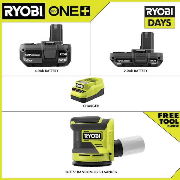 ONE+ 18V Lithium-Ion 4.0 Ah Battery, 2.0 Ah Battery and Charger Kit with FREE ONE+ Cordless 5 in. Random Orbit Sander