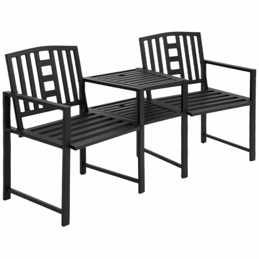 FORCLOVER Black 1Piece Metal Patio Conversation Set with Umbrella Hole